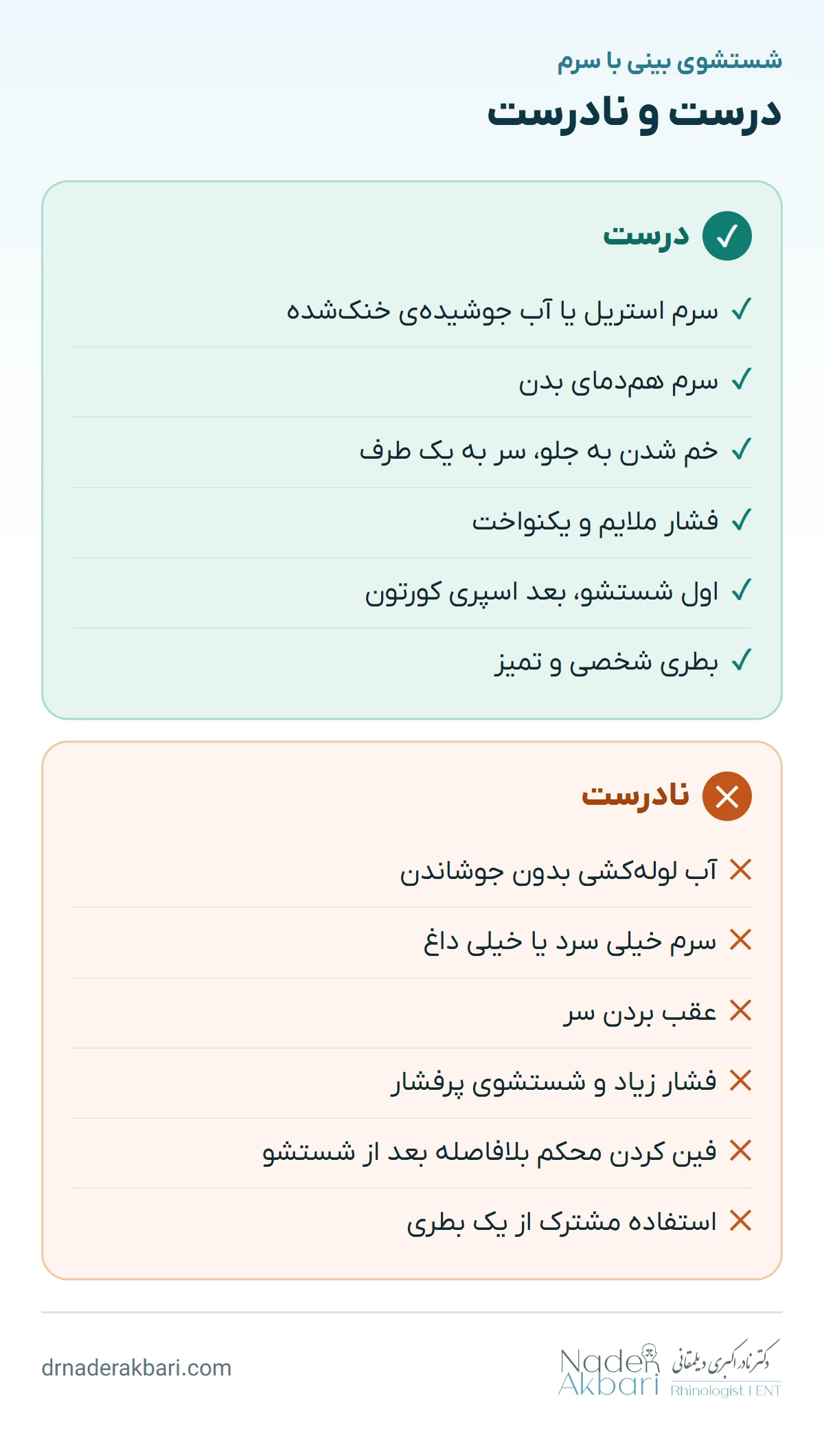 اینفوگرافیک کارهای درست و نادرست در شستشوی بینی با سرم